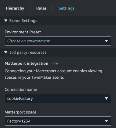 The settings tab with the Matterport space dropdown displayed.